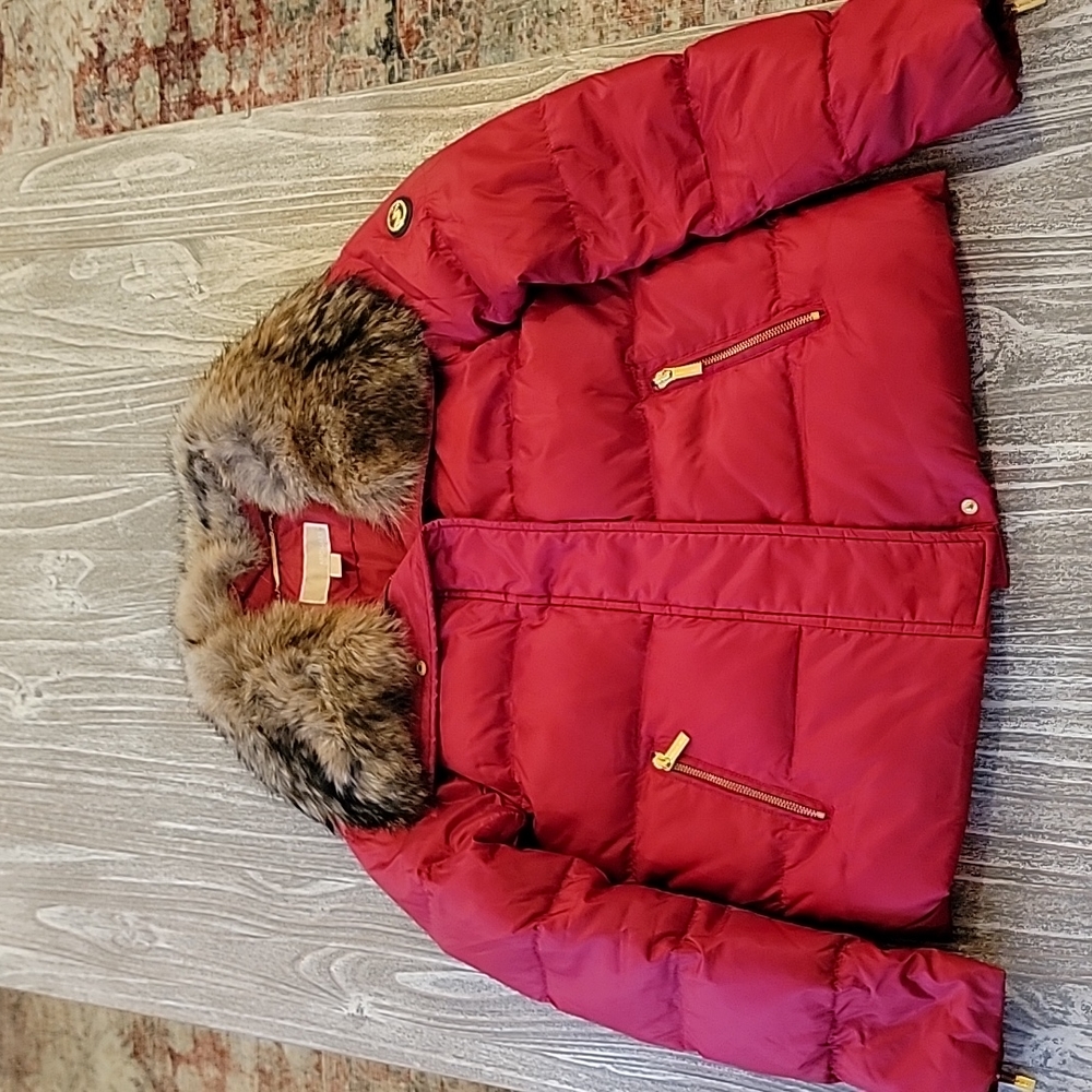 Red Michael Kors real coyote fur trim bomber